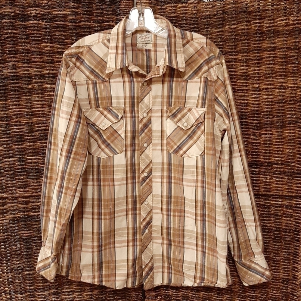 Lucky Brand Men's Large Tan Plaid Western Shirt Pearl Snaps Metallic Boho Rodeo